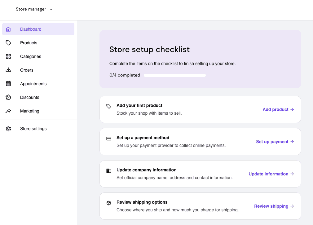 Dashboard di gestione del negozio del website builder di Hostinger