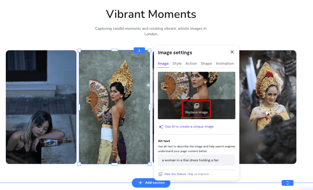 La funzione di modifica immagine del website builder con AI di Hostinger, con l'opzione Sostituisci immagine evidenziata