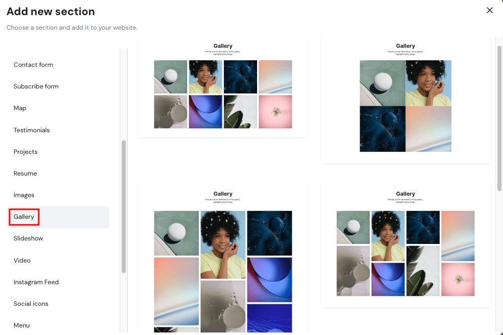 L'opzione della galleria nell'aggiunta di una nuova sezione nel website builder con AI di Hostinger