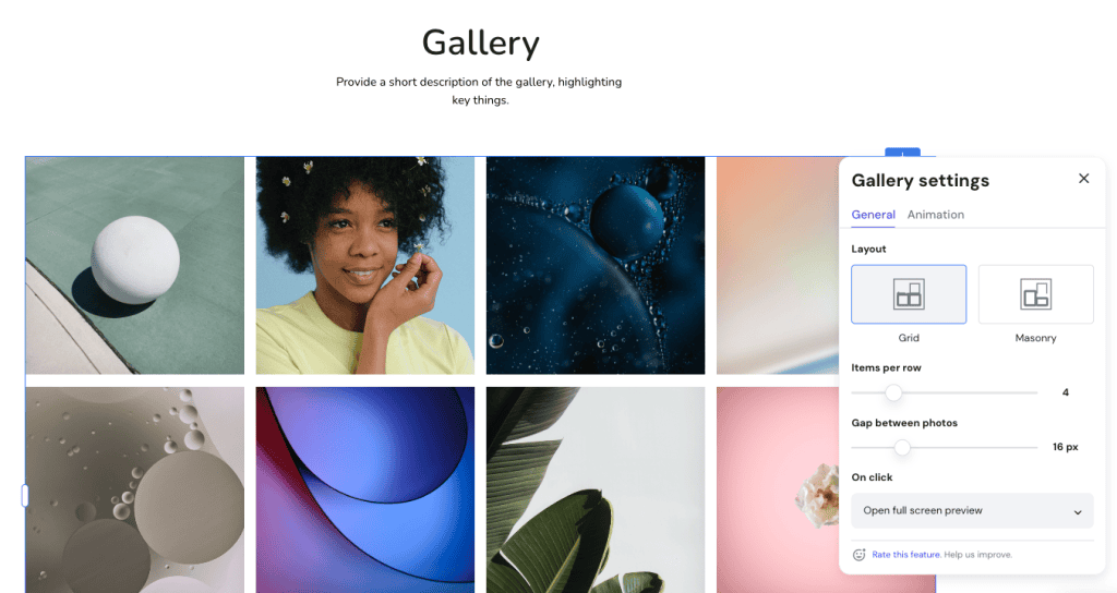 Le opzioni della galleria nel website builder con AI di Hostinger
