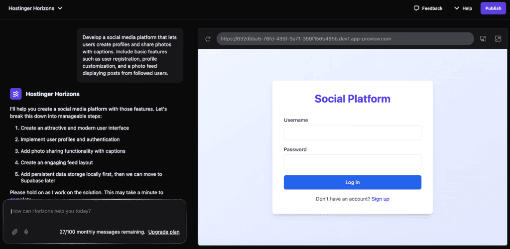 Un prompt per dimostrare come iniziare il processo dalle funzionalit&agrave; principali durante l'utilizzo di Hostinger Horizons
