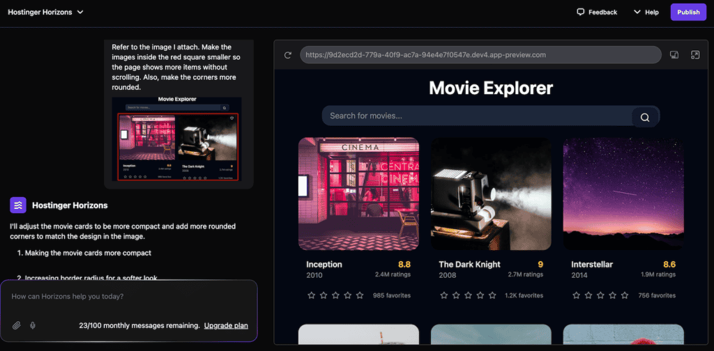 Hostinger Horizons aggiorna una parte specifica dell'applicazione in base all'immagine inserita
