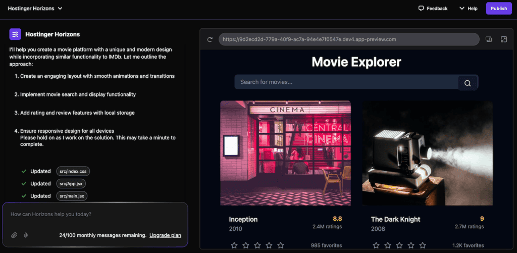 Hostinger Horizons genera una web app usando un'altra piattaforma come ispirazione
