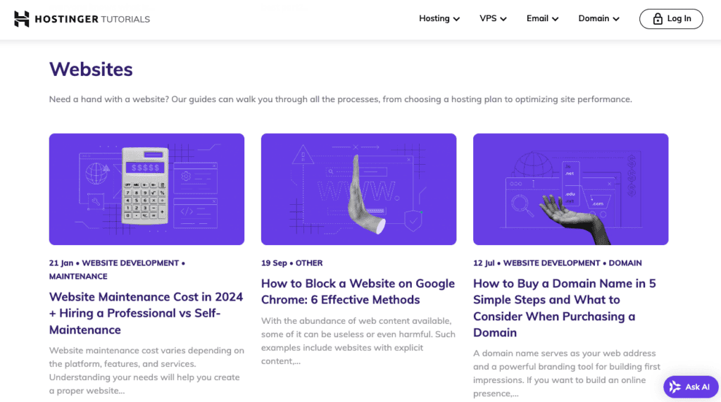La pagina dei tutorial di Hostinger come esempio di un sito web