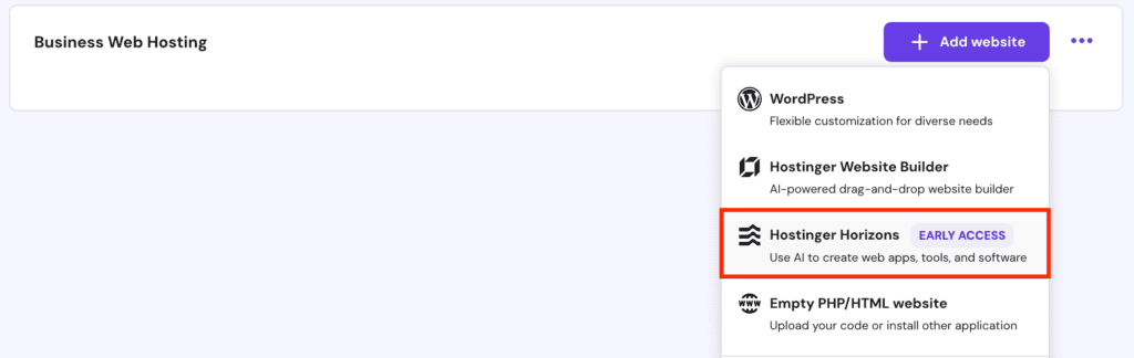 Il menu di Hostinger Horizons nell'hPanel