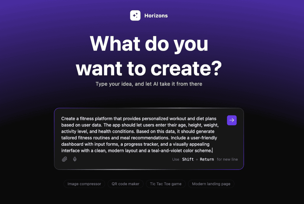 Il campo per i prompt di Hostinger Horizons