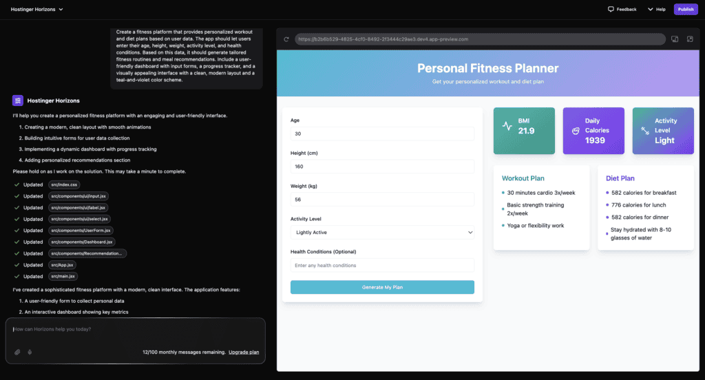 La dashboard del progetto di Hostinger Horizons