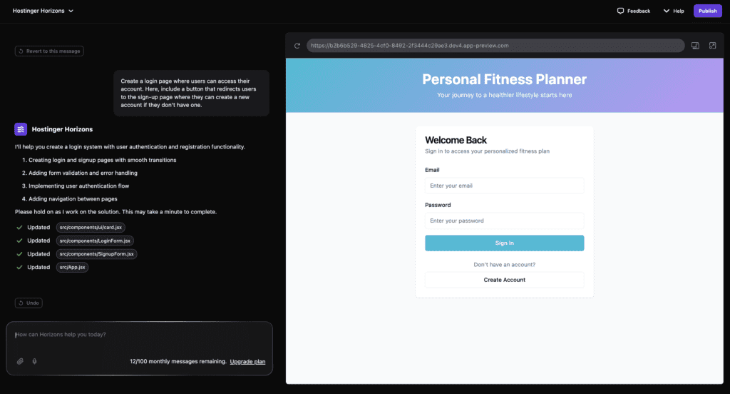 Hostinger Horizons crea una pagina per il login in un'app web
