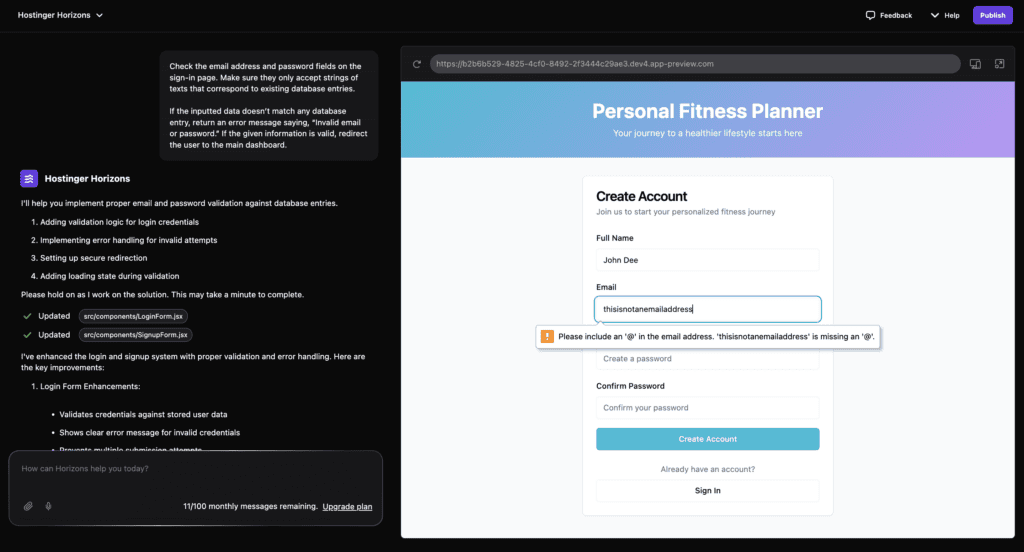 Hostinger Horizons aggiunge una logica di errore
