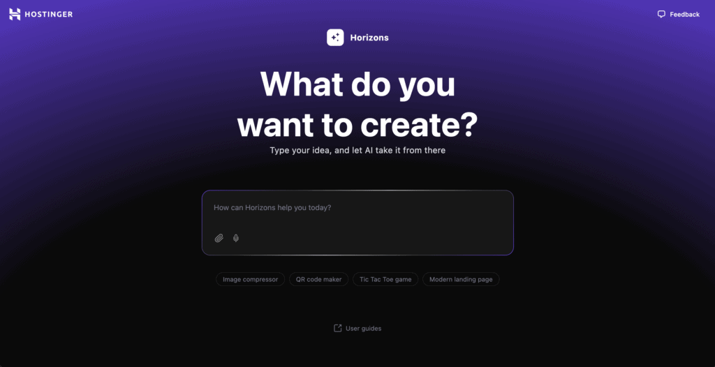 Pagina iniziale di Hostinger Horizons