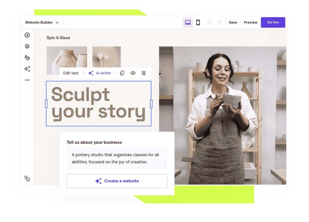 Mockup dell'editor del website builder di Hostinger