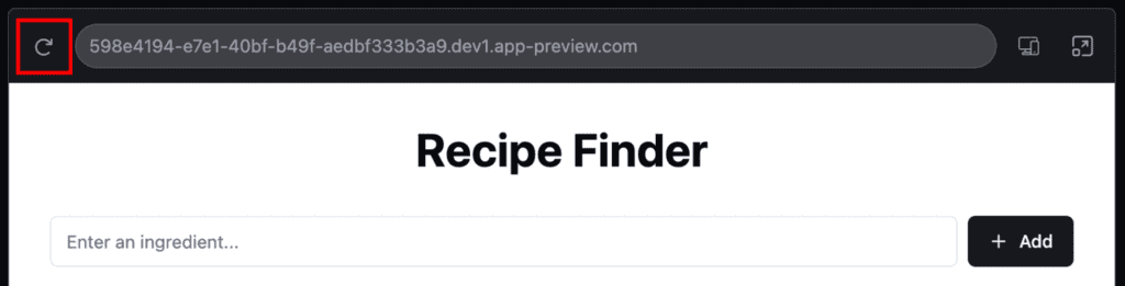 L'anteprima della web app evidenzia il pulsante di aggiornamento