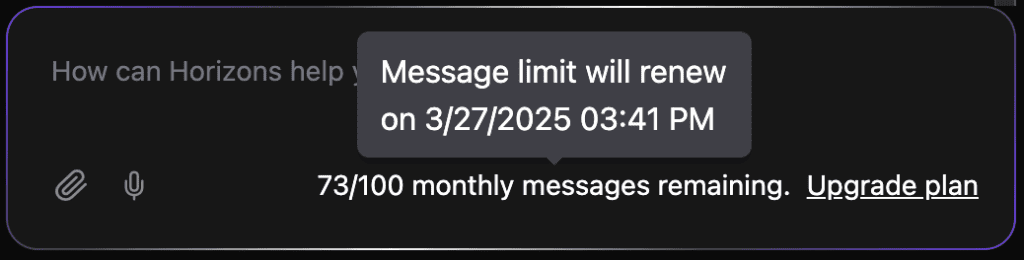 Il popup per il limite dei messaggi nell'area di lavoro