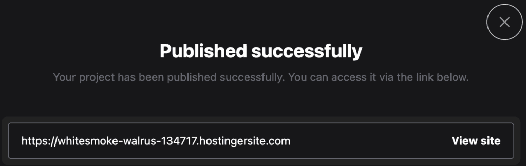 La notifica di avvenuta pubblicazione su Hostinger Horizons