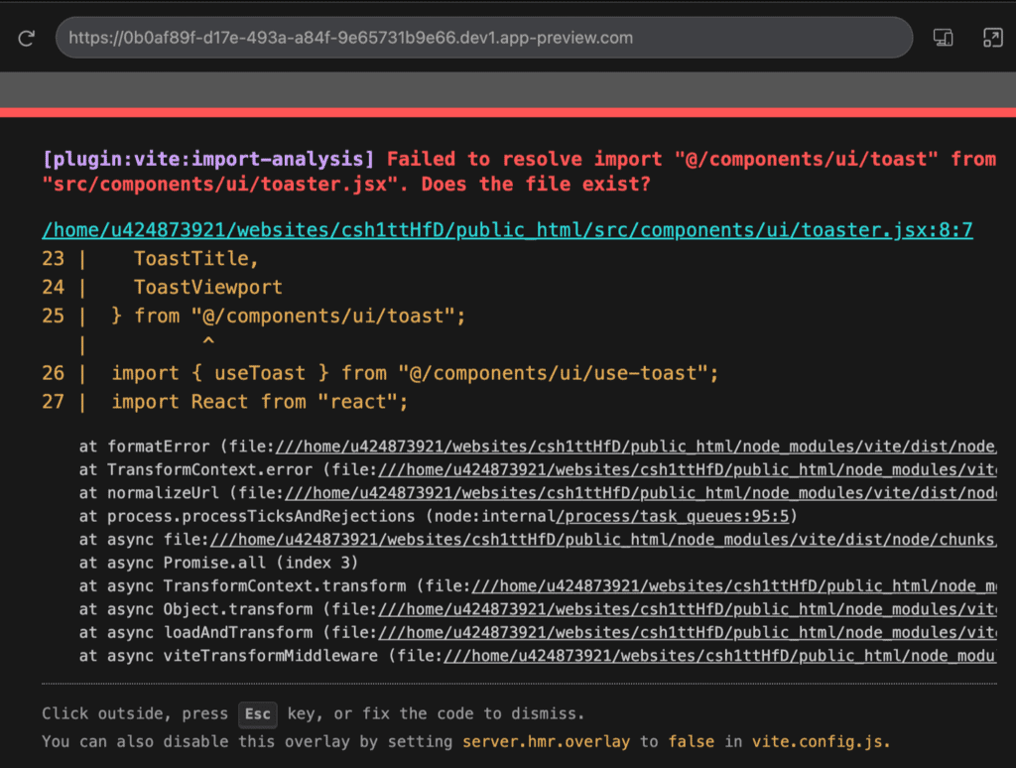 Un esempio di un errore su Hostinger Horizons