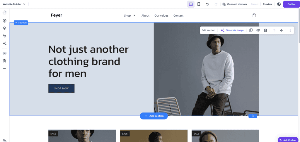 Editor del website builder di Hostinger