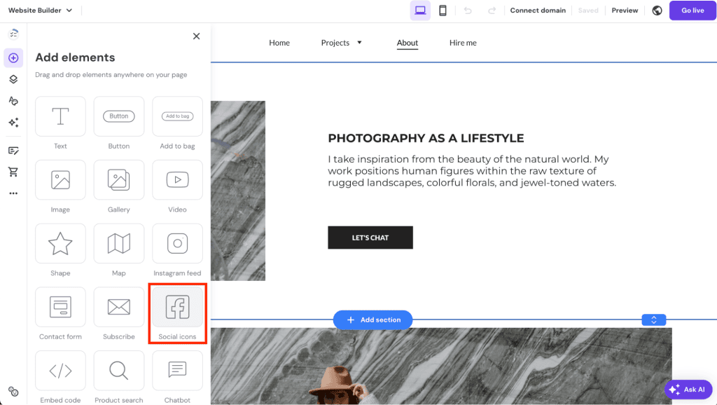 Elemento Icone dei social evidenziato nell'editor del website builder di Hostinger