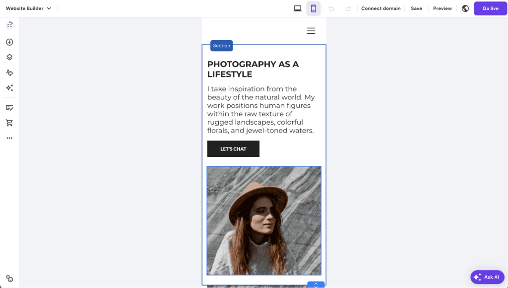 Vista mobile abilitata nel website builder di Hostinger