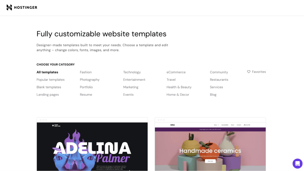 Galleria dei template del website builder di Hostinger