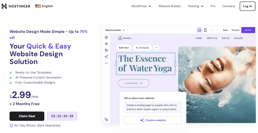 Landing page della soluzione di progettazione Hostinger