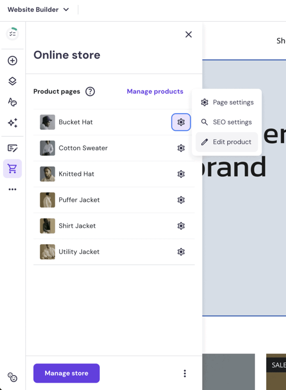 Menu del gestore del negozio del website builder di Hostinger