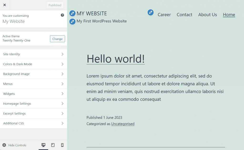 Pagina dell'editor del tema WordPress Twenty Twenty-One