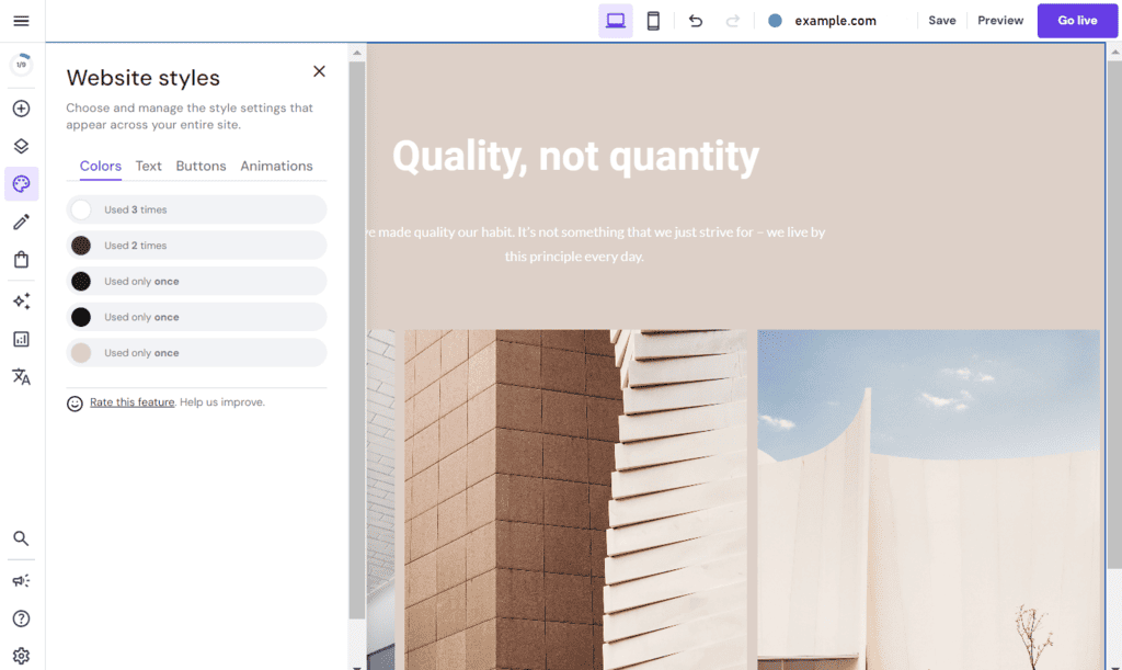 Editor drag and drop del website builder di Hostinger