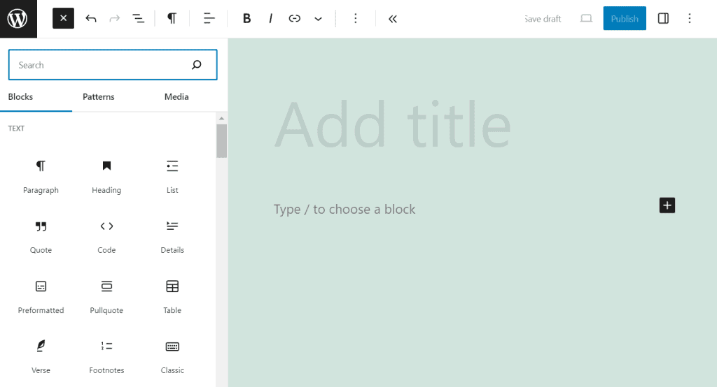 Pagina dell'editor Gutenberg del tema WordPress Twenty Twenty-One per l'aggiunta di una nuova pagina