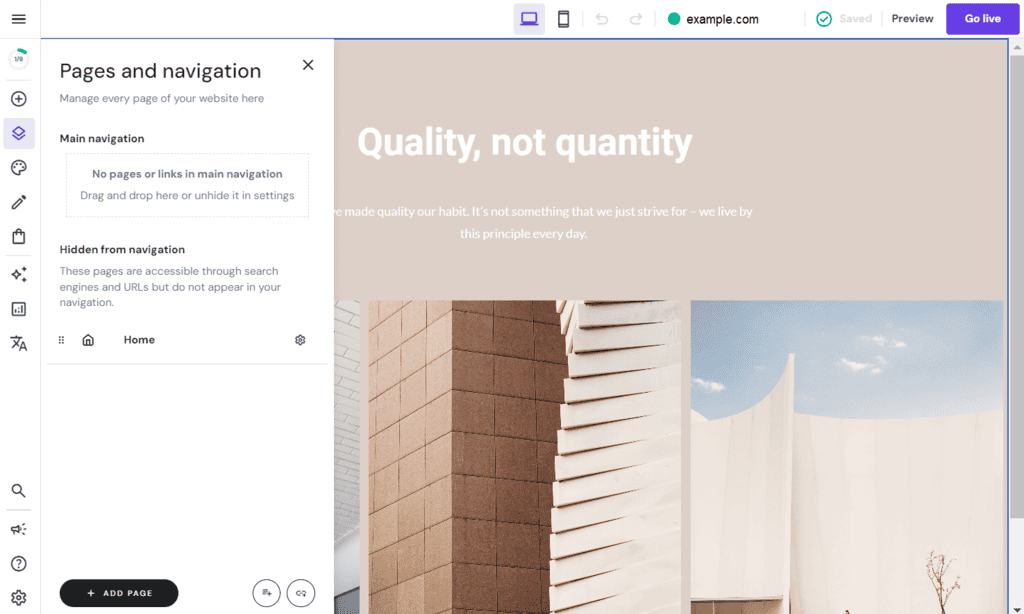 Editor di pagine e navigazione del website builder di Hostinger