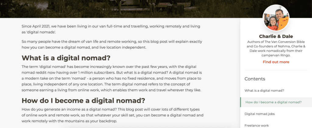 Un post del blog di Nohma, con una scheda laterale con un profilo e un indice