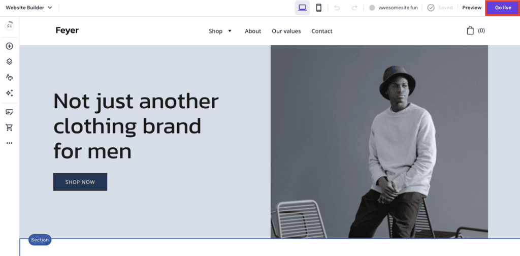 L'editor del website builder di Hostinger con il pulsante Vai online evidenziato
