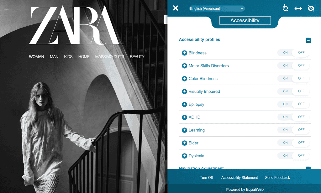 Lo strumento di correzione dell'accessibilità EqualWeb sulla homepage di Zara
