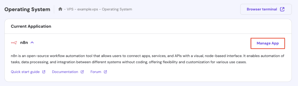 Il pulsante Gestisci app nella pagina del Sistema operativo del VPS nell'hPanel