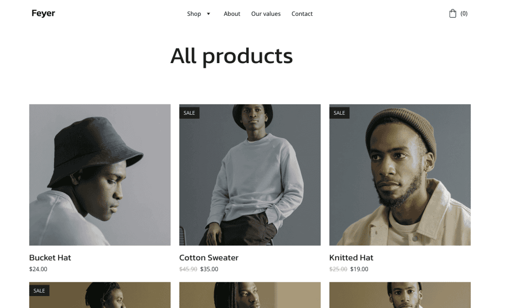 Pagina di Feyer nel negozio di template per siti web del website builder di Hostinger