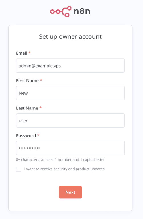 La pagina per la registrazione su n8n per l'account proprietario