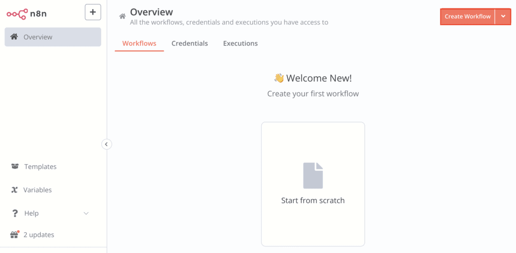Il pulsante Crea flusso di lavoro nella pagina Panoramica di n8n