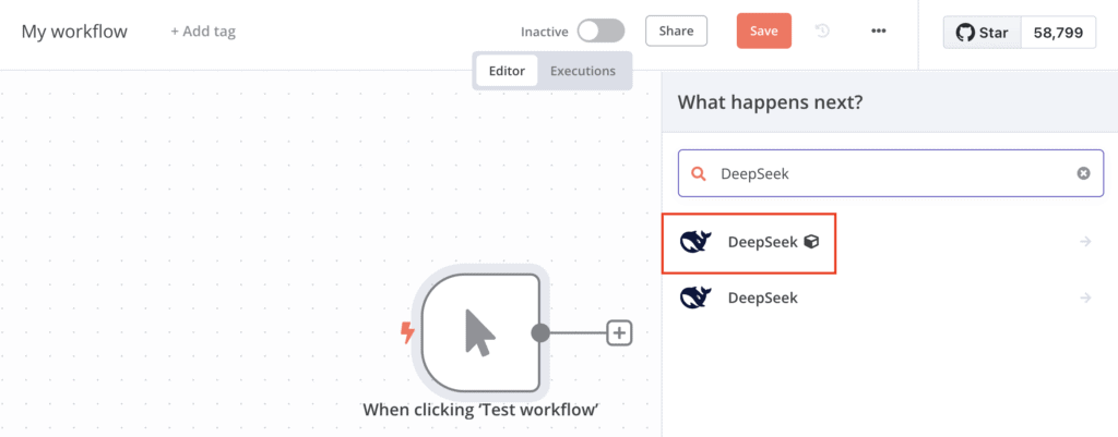 Il nodo DeepSeek nell'editor del flusso di lavoro di n8n