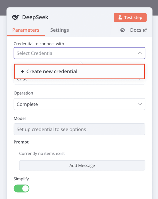 L'opzione Crea nuove credenziali nella finestra di dialogo per la configurazione di DeepSeek di n8n