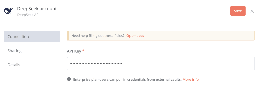 Il campo della chiave API nella finestra di dialogo per la configurazione di DeepSeek di n8n