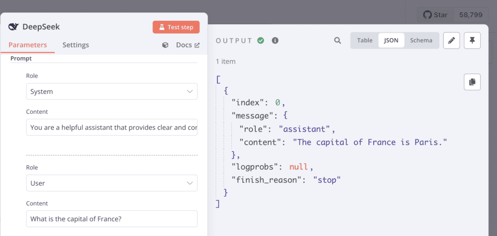 Il pannello di OUTPUT nella finestra di dialogo per la configurazione di DeepSeek di n8n