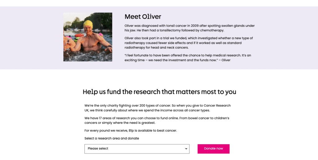 La pagina delle donazioni del sito web di Cancer Research UK mostra che la ricerca ha bisogno di finanziamenti e una storia d'impatto