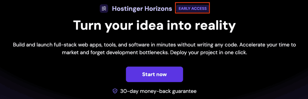 Schermata di lancio con accesso anticipato per Hostinger Horizons