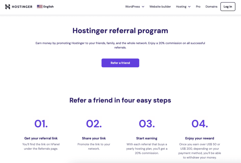 Pagina del programma di referral di Hostinger