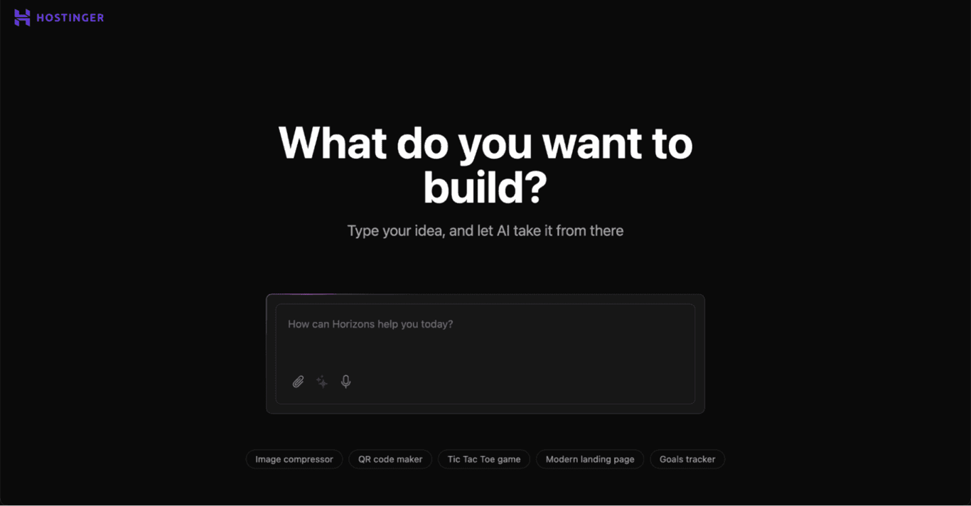 Schermata iniziale di Hostinger Horizons