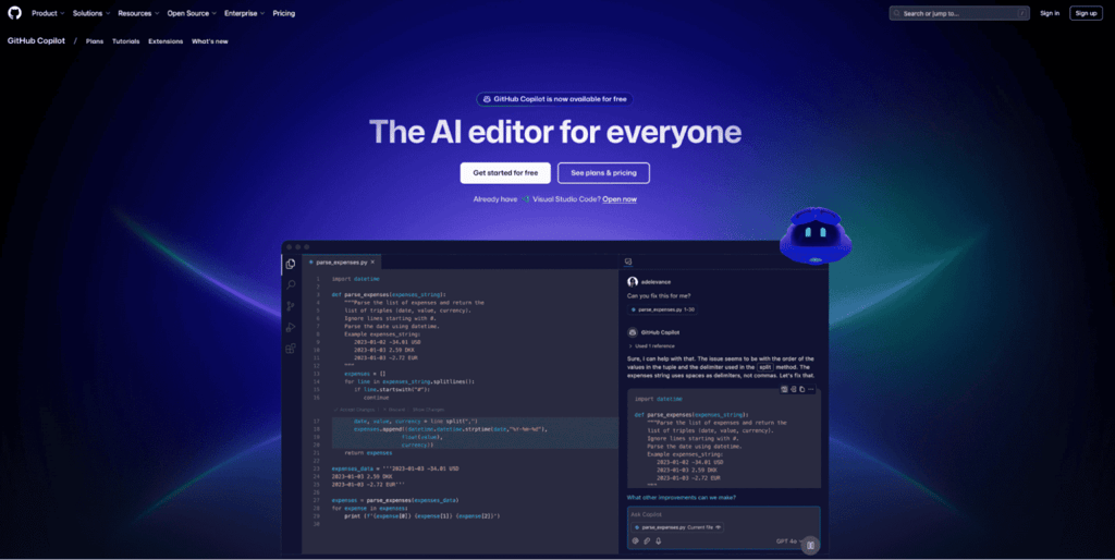 Landing page di GitHub Copilot
