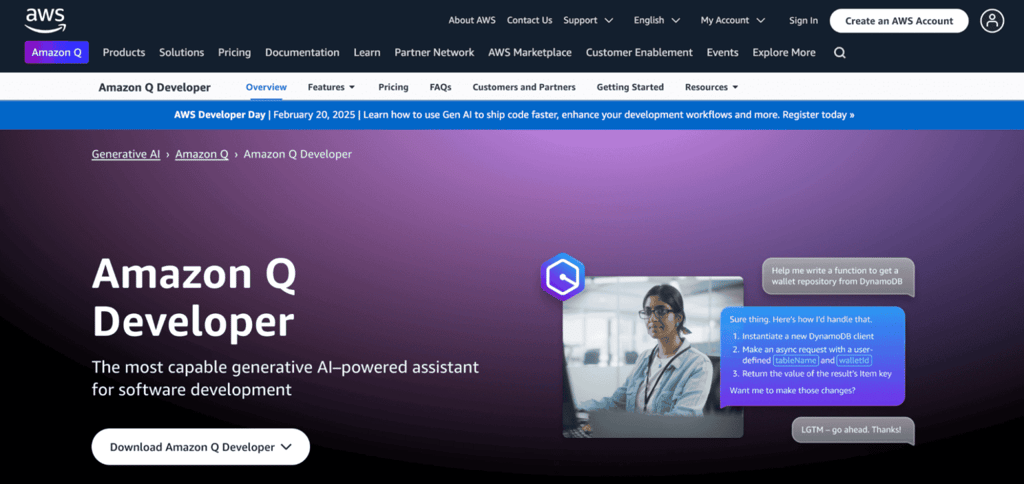 Landing page di Amazon Q Developer
