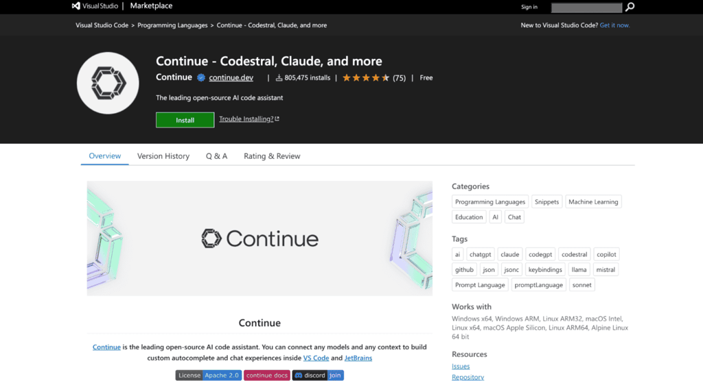 Marketplace di Continue per VS Code