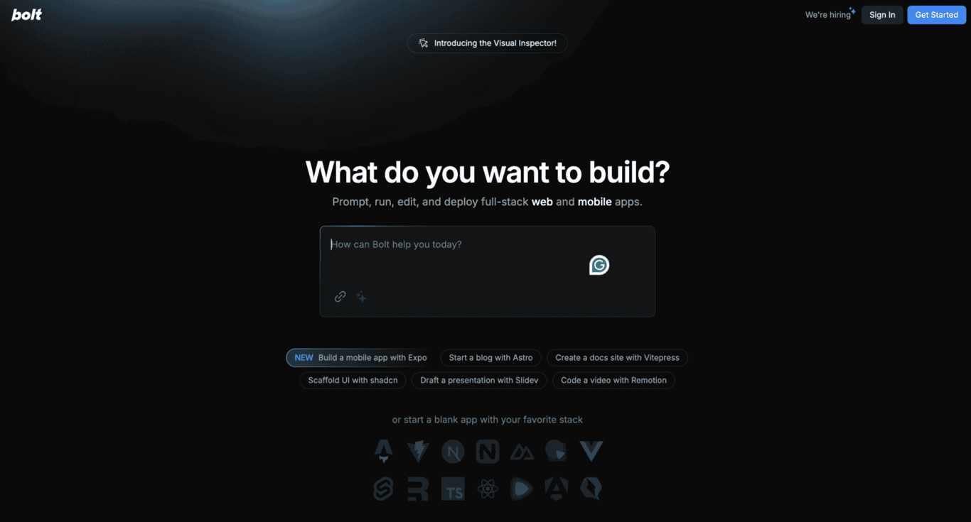 Landing page di Bolt.new