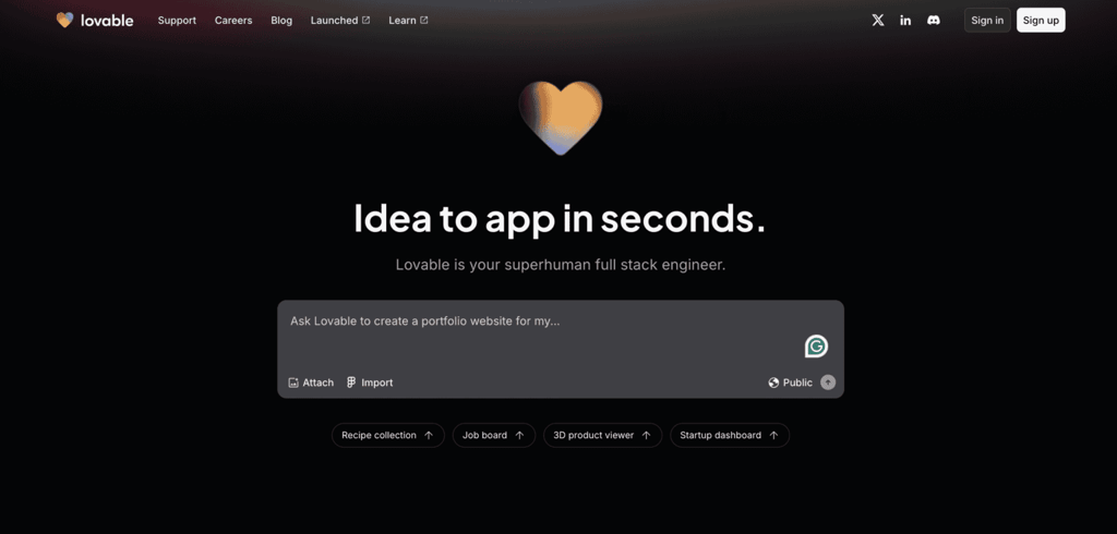 Homepage di Lovable