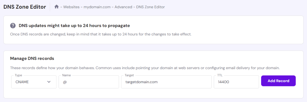 L'editor della zona DNS dell'hPanel